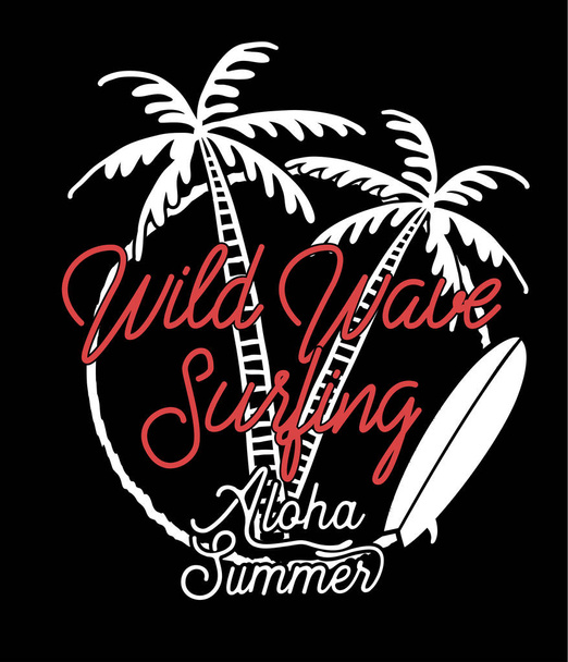 wild wave surfing.Aloha verano.Camiseta estilo surfista diseño de impresión
. - Vector, imagen