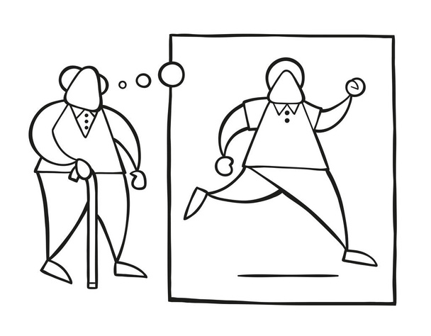 Vektor Illustration Cartoon alter Mann, der mit einem hölzernen Gehstock geht und träumt oder an seine Jugend denkt und mit Gedankenblase rennt. - Vektor, Bild