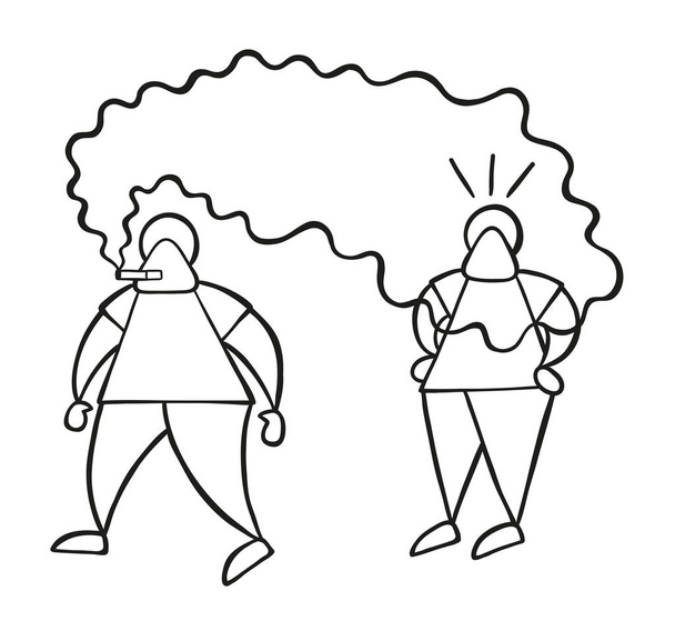 Ilustración vectorial hombre de dibujos animados caminando y molestando a otro hombre con humo de cigarrillo
. - Vector, Imagen
