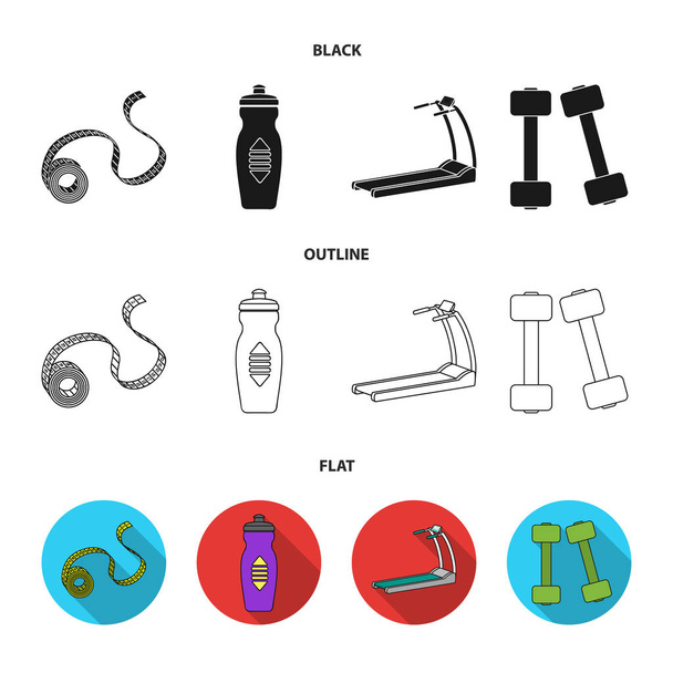 Measuring tape, water bottle, treadmill, dumbbells. Fitnes set collection icons in black,flat,outline style vector symbol stock illustration web. - Vecteur, image