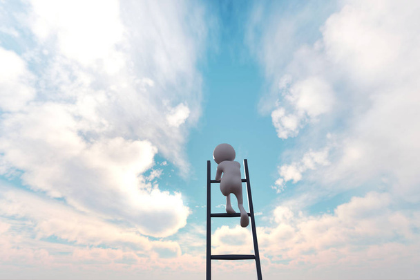 3d иллюстрация 3d палка человек поднимаясь по лестнице в небо для преследования своей мечты
 - Фото, изображение