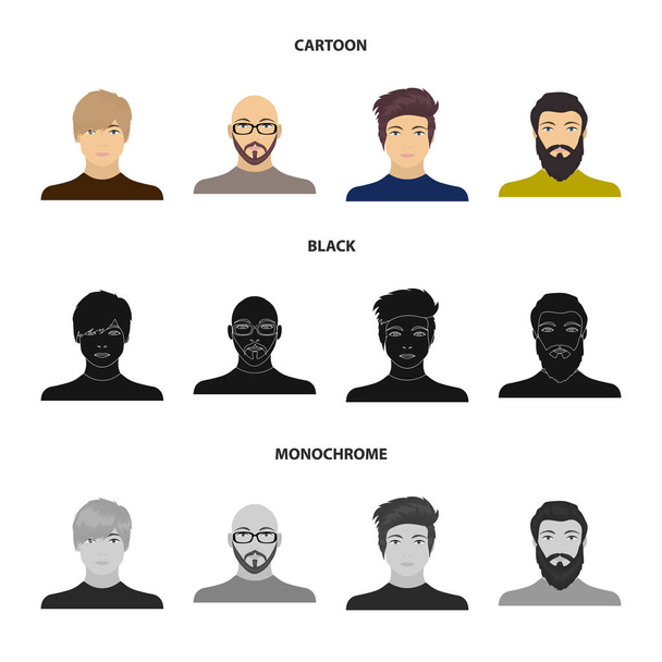 Az arc, egy kopasz ember a szemüveg és a szakáll, a szakállas férfi, a megjelenése egy srác egy frizurát. Arc és a megjelenése állítsa be ikonok gyűjtemény raktáron rajzfilm, fekete, fekete-fehér stílus vektor szimbólum - Vektor, kép