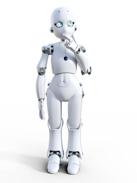 renderowania 3D biały przyjazny rysunek robota myślenia o czymś. Białe tło. - Zdjęcie, obraz