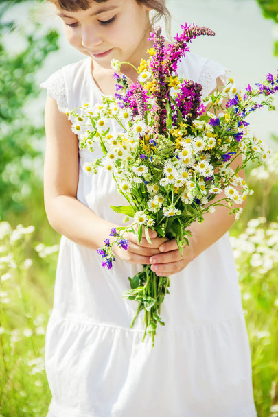 Child with a bouquet of wildflowers. Selective focus. nature. - Fotoğraf, Görsel