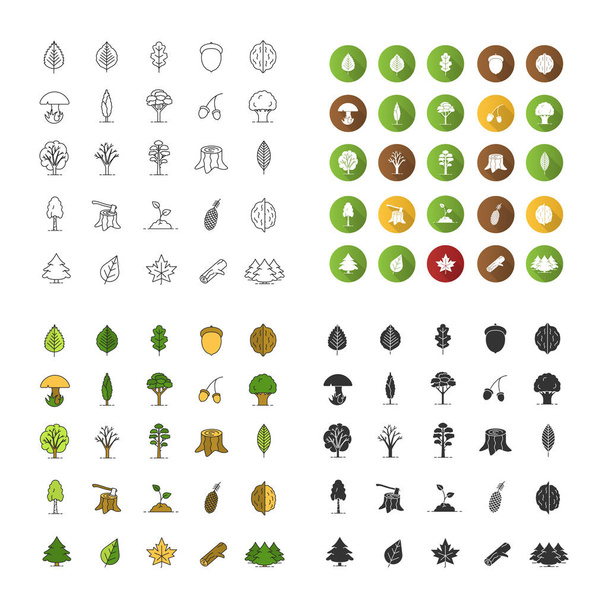 Árbol tipos iconos conjunto. Bosque, parque. Silvicultura. Estilos lineales, planos, de color y glifo. ilustraciones vectoriales aisladas
 - Vector, imagen