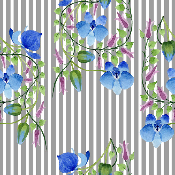 Ornament of blue flowers. Floral botanical flower. Seamless background pattern. Fabric wallpaper print texture. Aquarelle wildflower for background, texture, wrapper pattern, frame or border. - Φωτογραφία, εικόνα