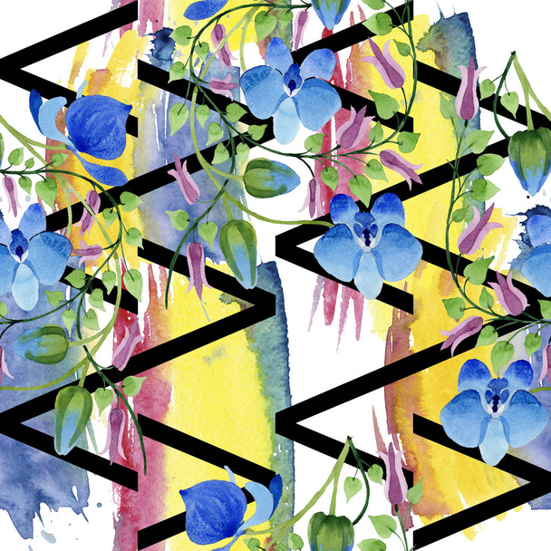 Sieraad van blauwe bloemen. Floral botanische bloem. Naadloze achtergrondpatroon. Structuur behang print textuur. Aquarelle wildflower voor achtergrond, textuur, wrapper patroon, frame of rand. - Foto, afbeelding