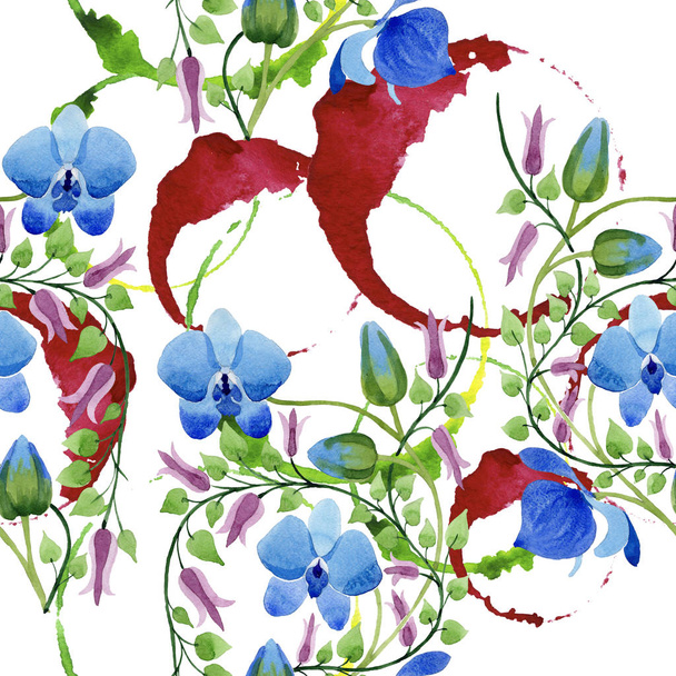 Sinisten kukkien koriste. Kukka kasvitieteellinen kukka. Saumaton taustakuvio. Kangas tapetti tulostaa tekstuuri. Aquarelle luonnonkukka tausta, rakenne, kääre kuvio, runko tai reunus
. - Valokuva, kuva