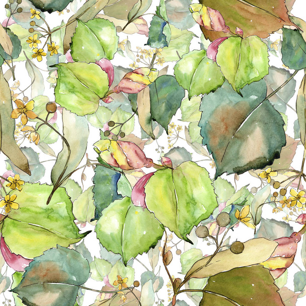 Linden levelek akvarell stílusú. Varratmentes háttérben minta. Szövet nyomtatási textúrát. Az Aquarelle levél a háttér textúra, burkoló minta, keret vagy határ. - Fotó, kép