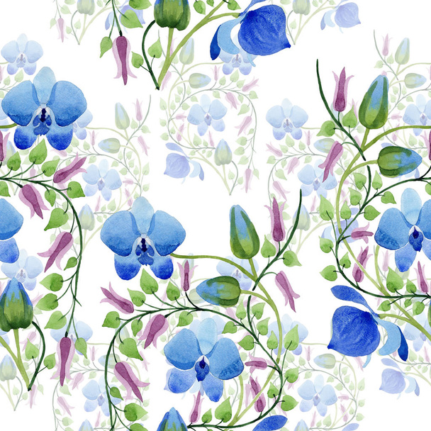 青い花の髪飾り。花植物の花。シームレスな背景パターン。壁紙印刷手触りの生地。背景、テクスチャ、ラッパー パターン、フレームや境界線の aquarelle ワイルドフラワー. - 写真・画像