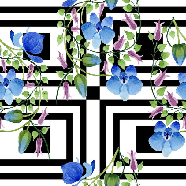 Ornament of blue flowers. Floral botanical flower. Seamless background pattern. Fabric wallpaper print texture. Aquarelle wildflower for background, texture, wrapper pattern, frame or border. - Fotoğraf, Görsel