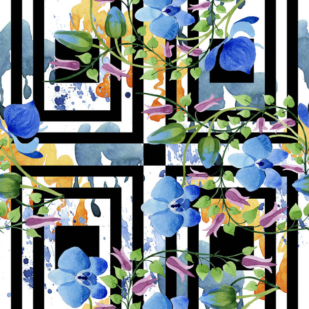 青い花の髪飾り。花植物の花。シームレスな背景パターン。壁紙印刷手触りの生地。背景、テクスチャ、ラッパー パターン、フレームや境界線の aquarelle ワイルドフラワー. - 写真・画像