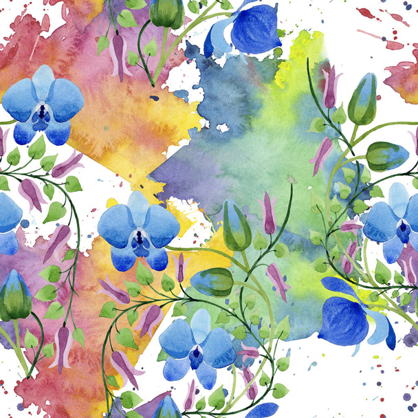 Ornament of blue flowers. Floral botanical flower. Seamless background pattern. Fabric wallpaper print texture. Aquarelle wildflower for background, texture, wrapper pattern, frame or border. - Fotoğraf, Görsel