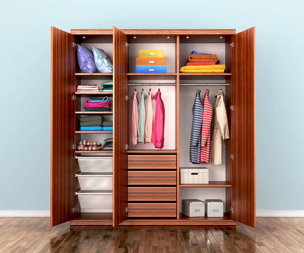 Open wardrobe compartment with clothes. 3d illustrations - Zdjęcie, obraz