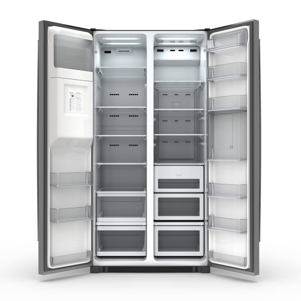 3d rendering big fridge on a white background with an open door - Foto, imagen