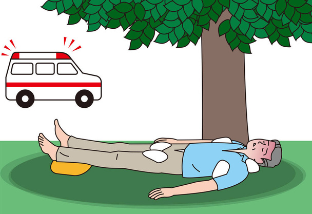 aged person receiving first aid for heat stroke - Vector, Image