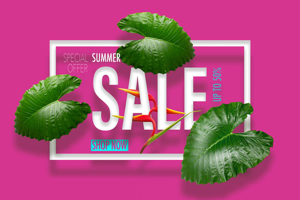 Summer sale banner with tropical green leaves heliconia flower background. Exotic floral design for banner, flyer, invitation, poster, website or greeting card. - 写真・画像