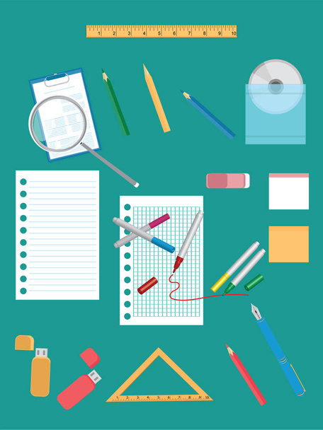 Set of educational objects - pieces of paper in the cage and in line, drive, pen, pen, pencil, ruler, triangle - flat style - vector art - Vetor, Imagem