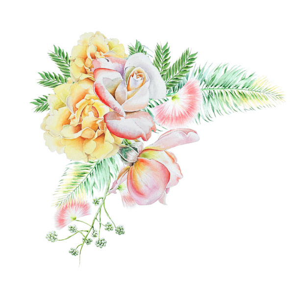 Watercolor bouquet with flowers.   Leaves. Rose. Watercolor illustration. Hand drawn. - Valokuva, kuva