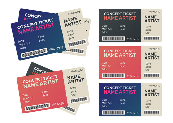 Set di biglietti per concerti colorati. Modelli di musica, danza, concerti dal vivo - Vettoriali, immagini