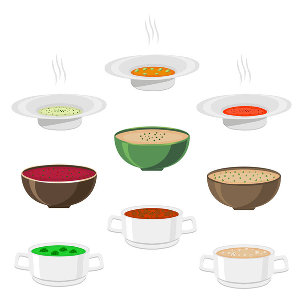 Vektor Illustration für heiße Keramikschüssel, breiter Teller ist mit verschiedenen hausgemachten Suppen mit Brühe und Gemüse gefüllt. Suppen-Set bestehend aus Schüsseln mit Zutaten Gewürz. Hühnersuppe in Schüssel essen. - Vektor, Bild