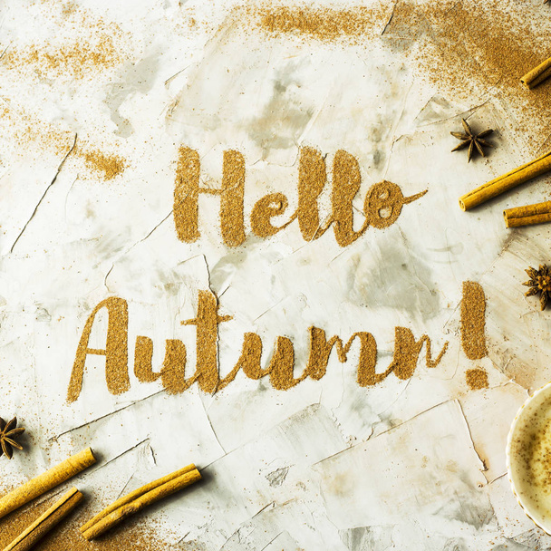 Hello, Autumn. The phrase is written on a gray table with ground cinnamon among cinnamon sticks and badyan. Top view, flat lay - Zdjęcie, obraz