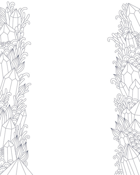 Vertical borders with crystals and fantastic plants. Doodle style illustration, monochrome grey isolated on white background. Abstract illus - Vektor, Bild