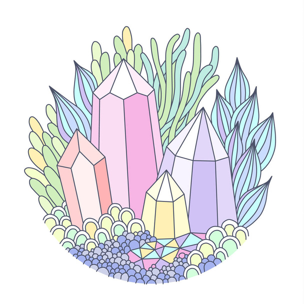 Round emblem with multicolor crystals and fantastic plants.  Doodle style illustration isolated on white backgroun - Vector, Imagen