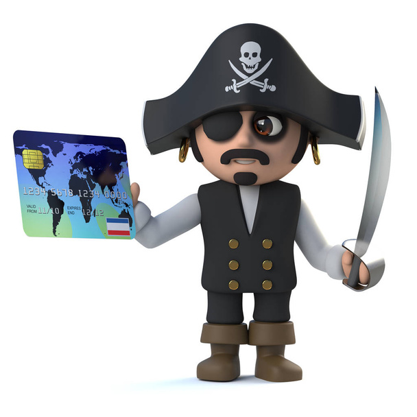 3D-Rendering eines niedlichen Piratenkapitäns mit einer Debitkarte. - Foto, Bild