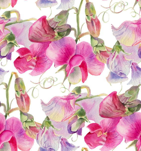 Seamless pattern with watercolor wildflowers. Hand-drawn illustration.  - Photo, image