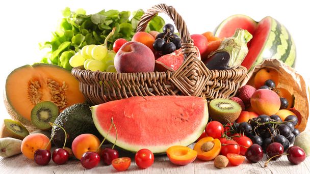 groenten en fruit op de achtergrond, close-up - Foto, afbeelding