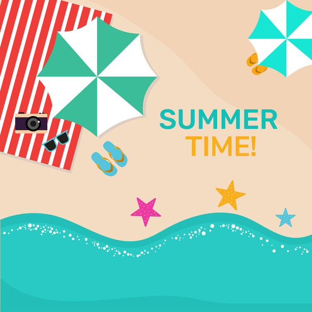 summer time beach illustration with travel accesorries. vector illustration. - Vector, Image