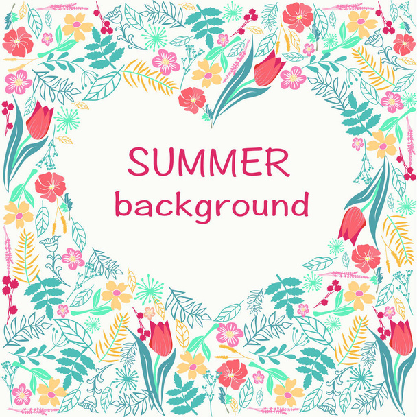 vector hand drawing illustration of flowers frame with colorful floral heart summer time theme.  - Вектор,изображение
