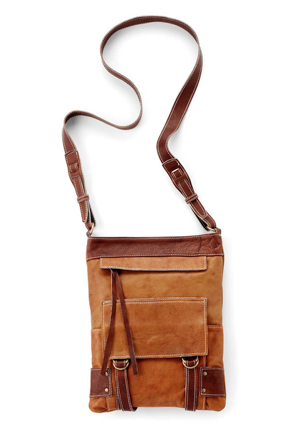 gerçek kahverengi deri omuz çantası izole - Fotoğraf, Görsel
