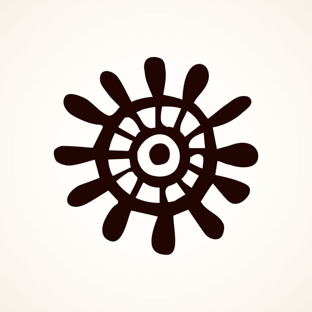 Dřevěné surové zastaralé kruh škuner shipswheel izolované na bílém pozadí. Čára od ruky černý inkoust rukou nakreslené logotyp znaku skica v minulých doodle obrysu tiskový styl pera na papíře. Detailní pohled - Vektor, obrázek