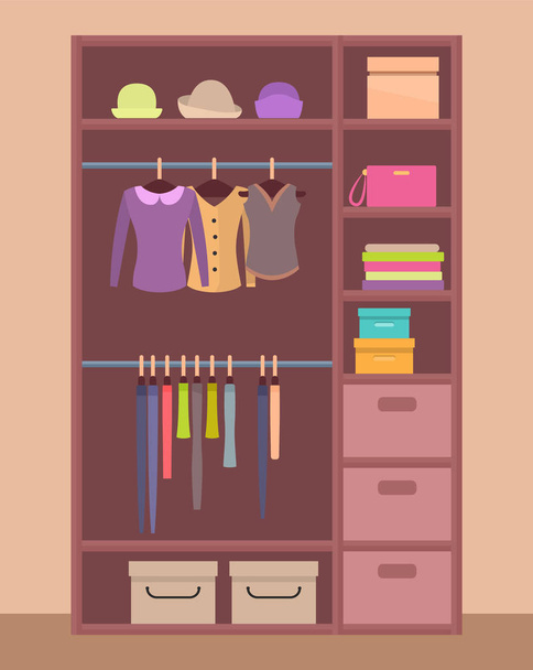 Wooden Wardrobe with Bright Clothes and Warm Hats - Вектор,изображение