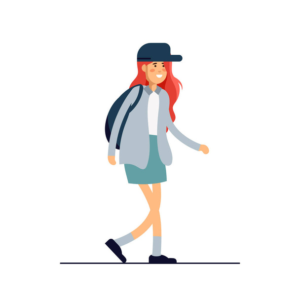 Colorful vector illustration standing happy young woman wearing shirt and denim skirt. Flat cartoon hipster characters isolated on white background. - Вектор, зображення