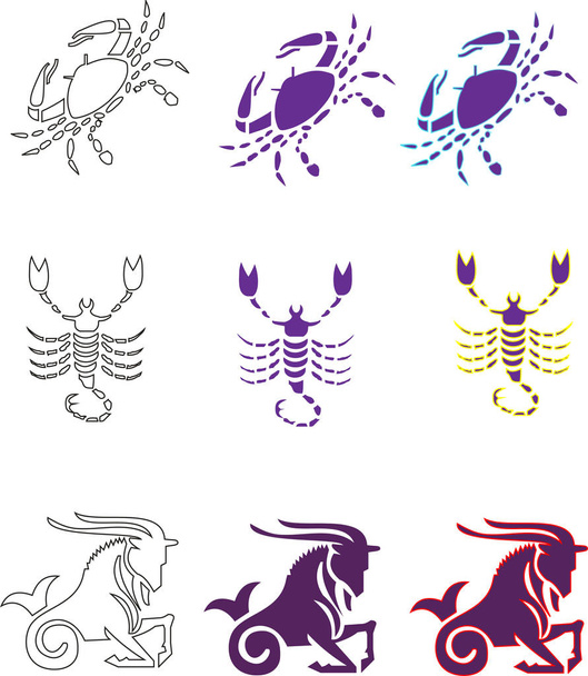 Az állatöv tizenkét asztrológiai horoszkópja. Vízöntő Gemini Bika Kos Skorpió Nyilas Bak Halak Rák Leo Szűz és Mérleg. - Vektor, kép