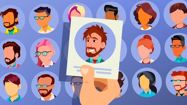 Human Recruitment Vector. Man. Business Man Picked In Recruitment. Pick Up. Individual. Group Of Businesspeople. HR Process. Cartoon Illustration - Vector, Image