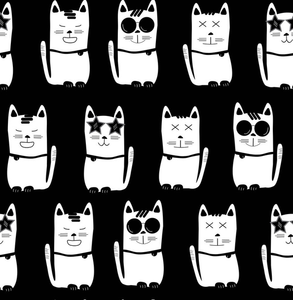 δροσερό λευκό γάτες με διαφορετικούς χαρακτήρες σε μαύρο φόντο, χωρίς ραφή πρότυπο υπόβαθρο - Διάνυσμα, εικόνα