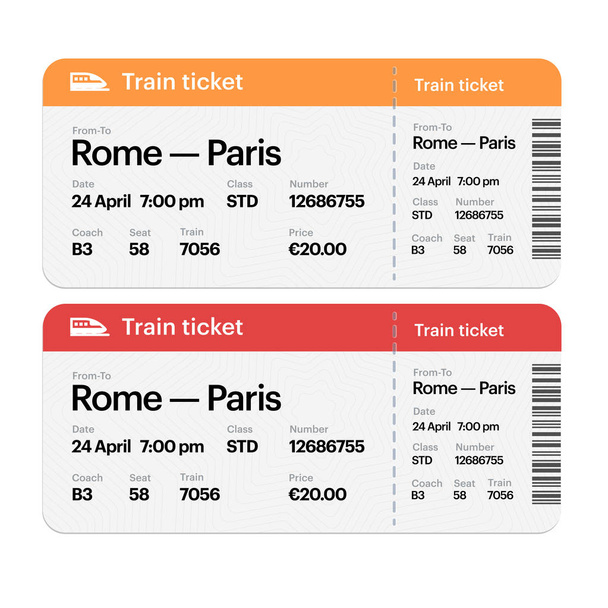 Set of the train boarding pass tickets. Isolated on white background. Vector flat design - Vektori, kuva