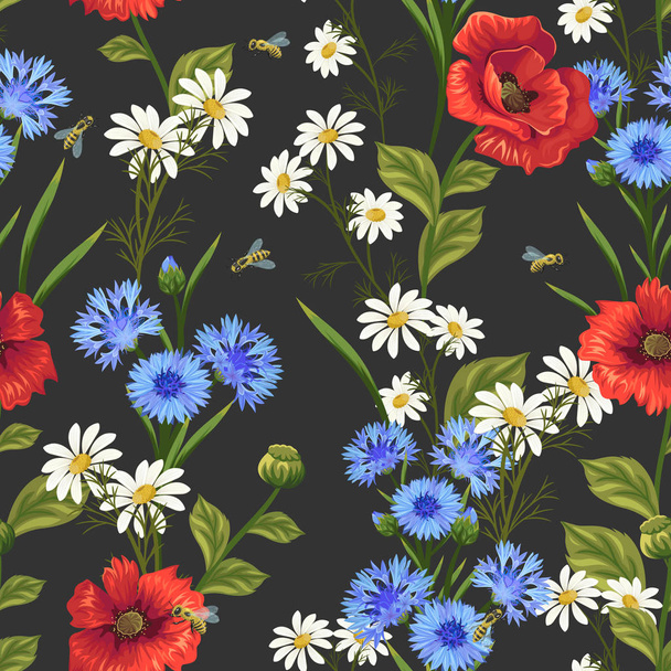 seamless pattern with wildflowers and bees - Vektör, Görsel
