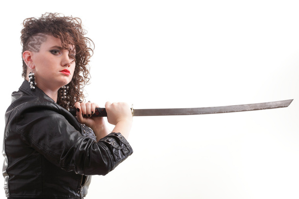piercing woman curly girl and sword - Foto, Imagen