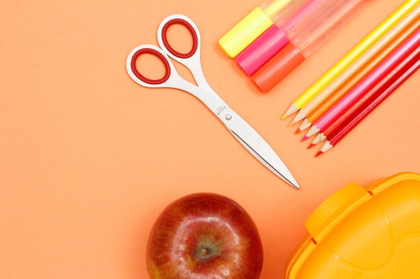 School supplies. Apple, scissors, felt pens, color pencils and lunch box on pink background. Top view with copy space. Back to school concept. Pastel colors - Photo, Image