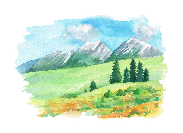 Иллюстрационный пейзаж с горными вершинами и цветами на зеленой траве. Ручная роспись акварелью. Изолированный на белом фоне
 - Фото, изображение