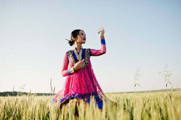 Pályázati indiai lány a saree, lila ajkak alkotó jelentett mező naplementében. Divatos india modell. - Fotó, kép