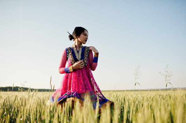 Tender indian girl in saree, with violet lips make up posed at field in sunset. Fashionable india model. - Foto, Imagen
