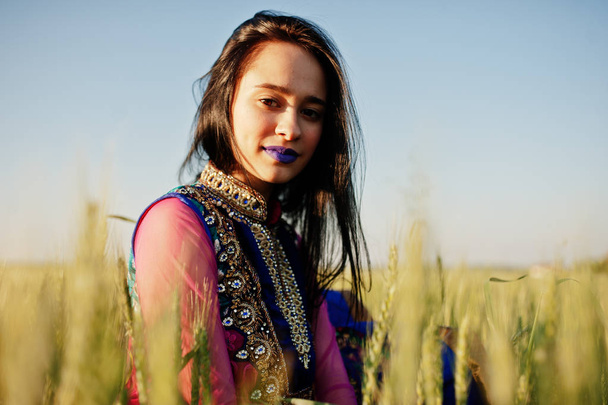 Ніжна індійська дівчина в сарі, з фіолетовими губами складаються на полі під час заходу сонця. Модна модель Індії
. - Фото, зображення