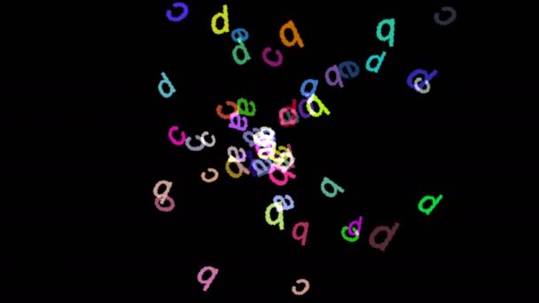 Animowany wygaszacz ekranu komputera z ruchomymi kolorowe literki na czarnym tle - Materiał filmowy, wideo