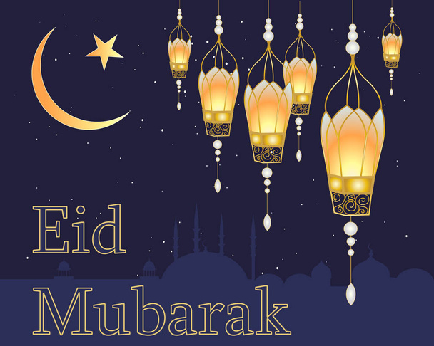 a vector illustration in eps 10 format of an eid greeting card with ornate lanterns on a dark blue background with an islamic skyline and stars in a night sky - Vector, Image